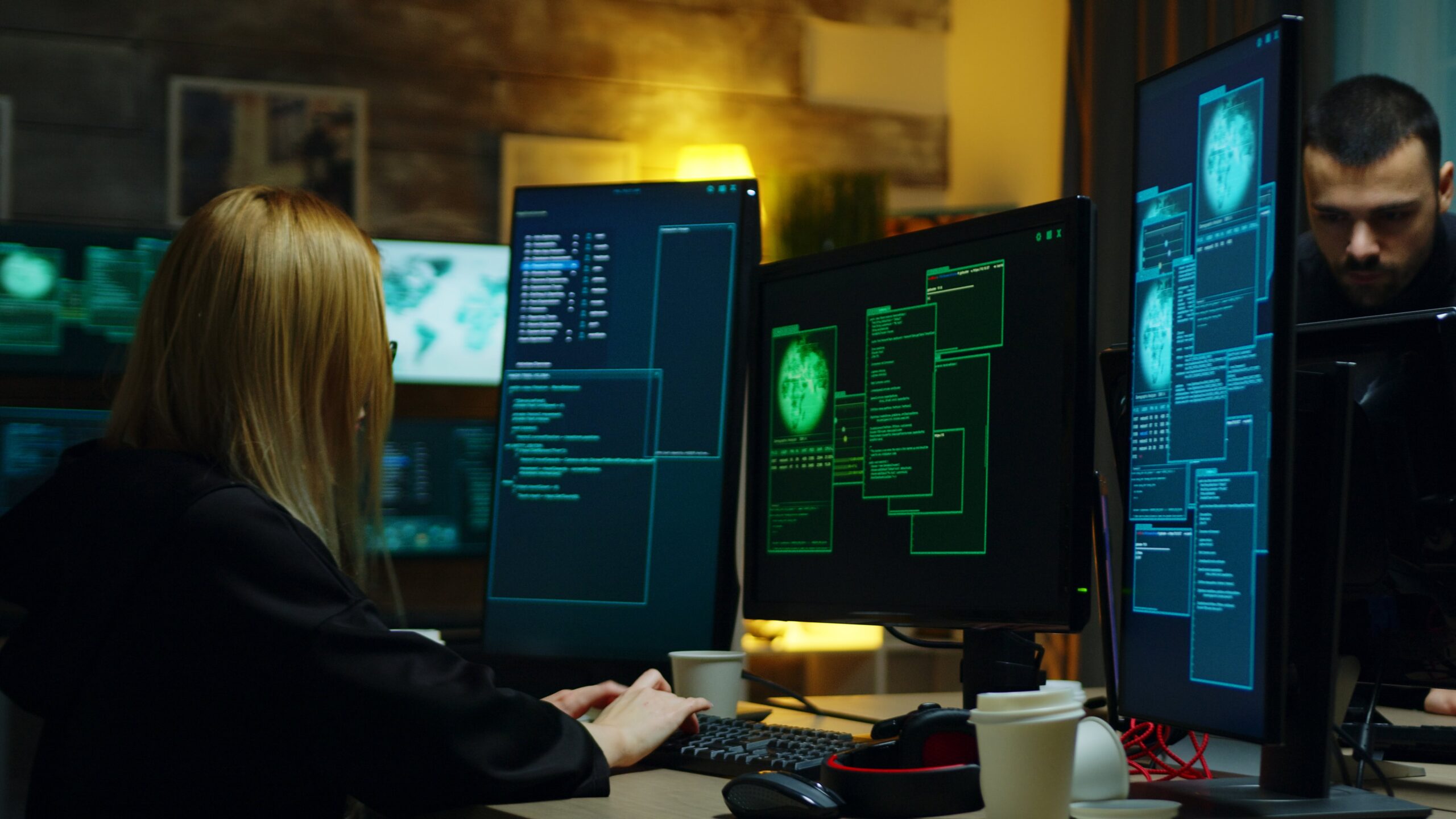 beautiful hacker girl working with another dangerous cyber criminals hackers centre 1 scaled